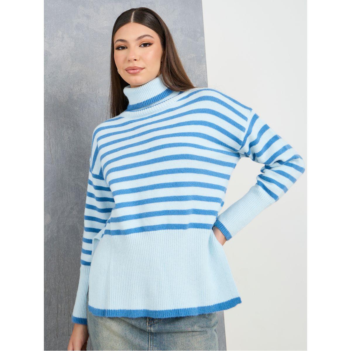 Styli Striped Detail Turtle Neck Slit Hem Sweater-women-clothing-cardigansandjumpers-jumpers-image-1