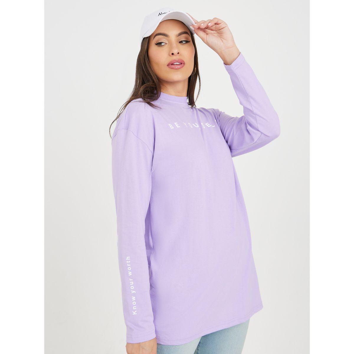 Styli Oversized Be Yourself Slogan Longline T-Shirt-women-clothing-tshirts-image-1