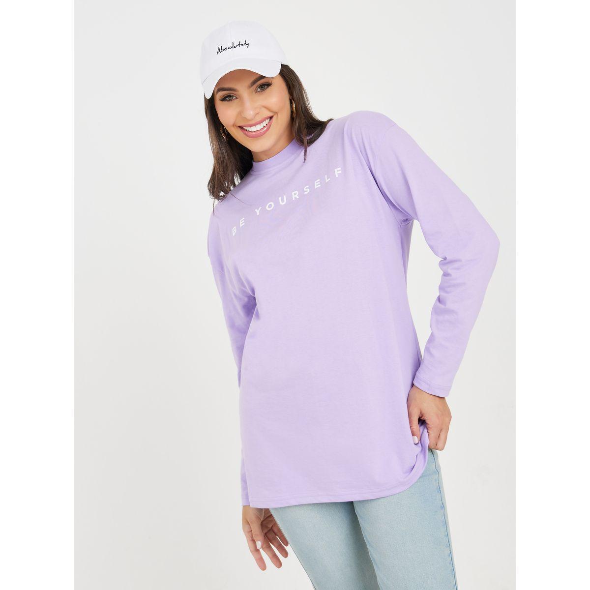 Styli Oversized Be Yourself Slogan Longline T-Shirt-women-clothing-tshirts-image-2