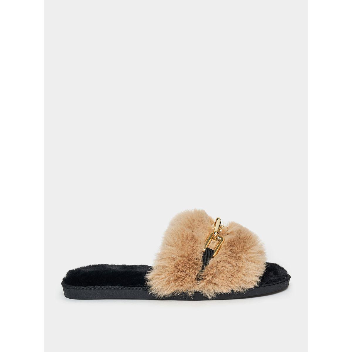 Styli Chain Embellished Fluffy Bedroom Slippers-women-shoes-bedroomslippers-image-2