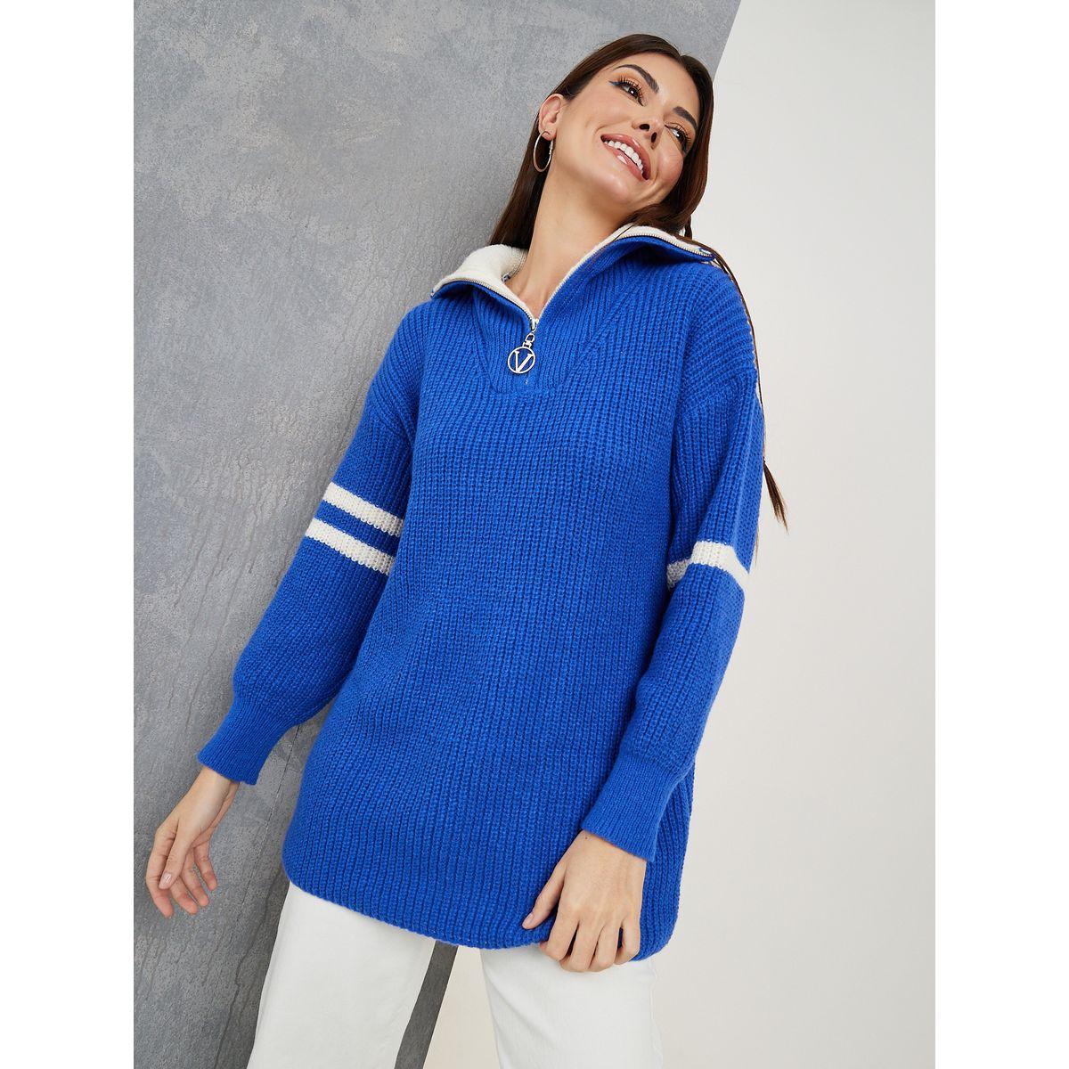 Styli Half Zip Striped Panel Longline Sweater-women-clothing-cardigansandjumpers-jumpers-image-1