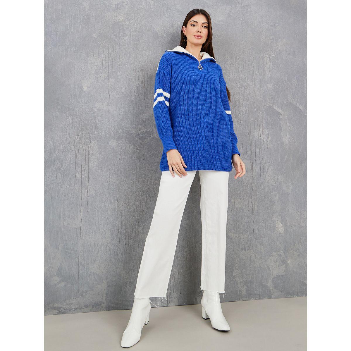 Styli Half Zip Striped Panel Longline Sweater-women-clothing-cardigansandjumpers-jumpers-image-2