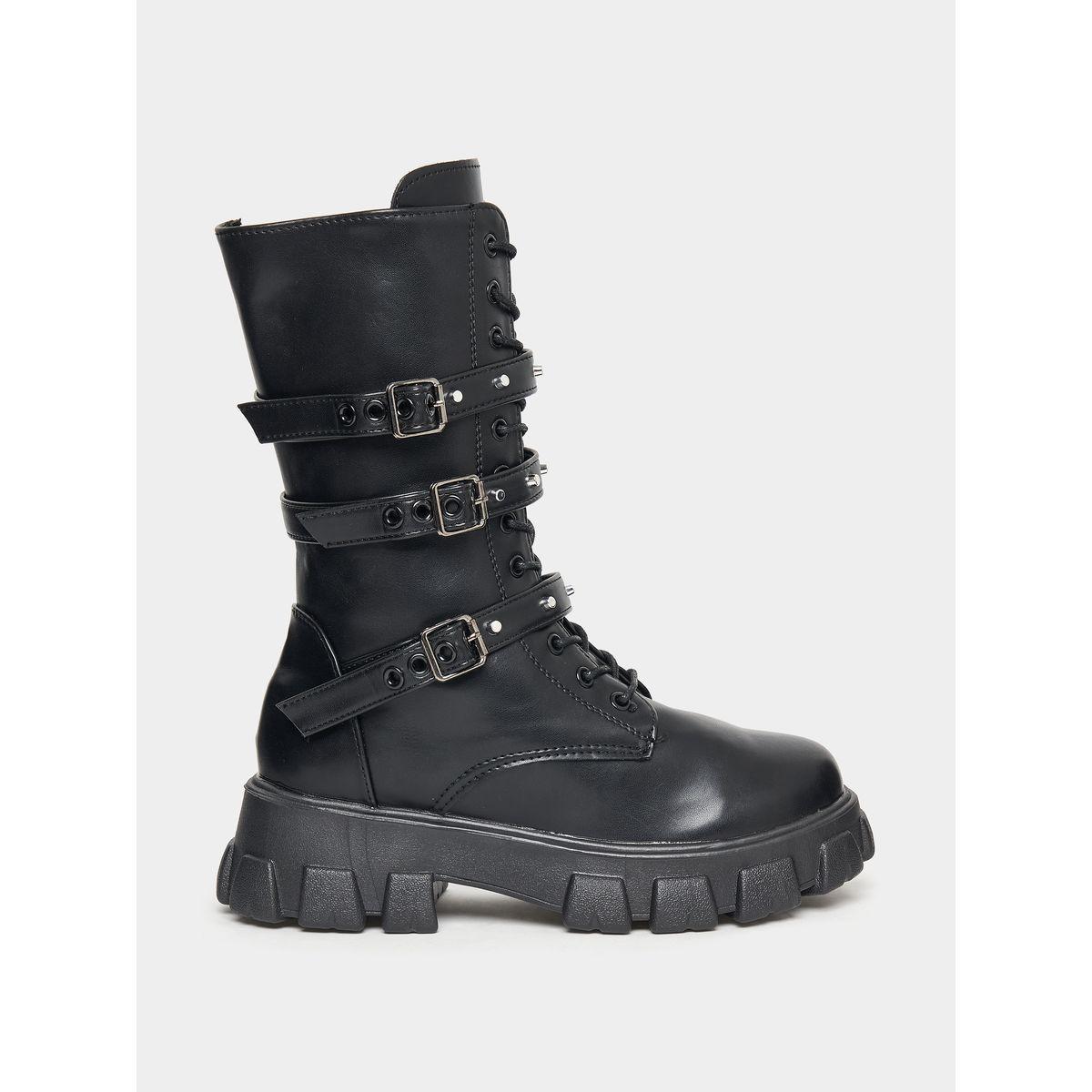 Styli Chunky Studded Buckle Strap Calf Boots-women-shoes-boots-image-1