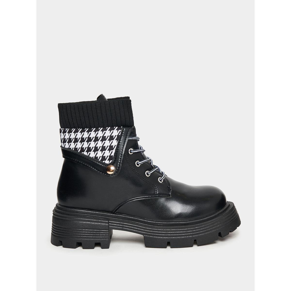 Styli Houndstooth Pattern Lace-up Combat Boots-women-shoes-boots-image-1