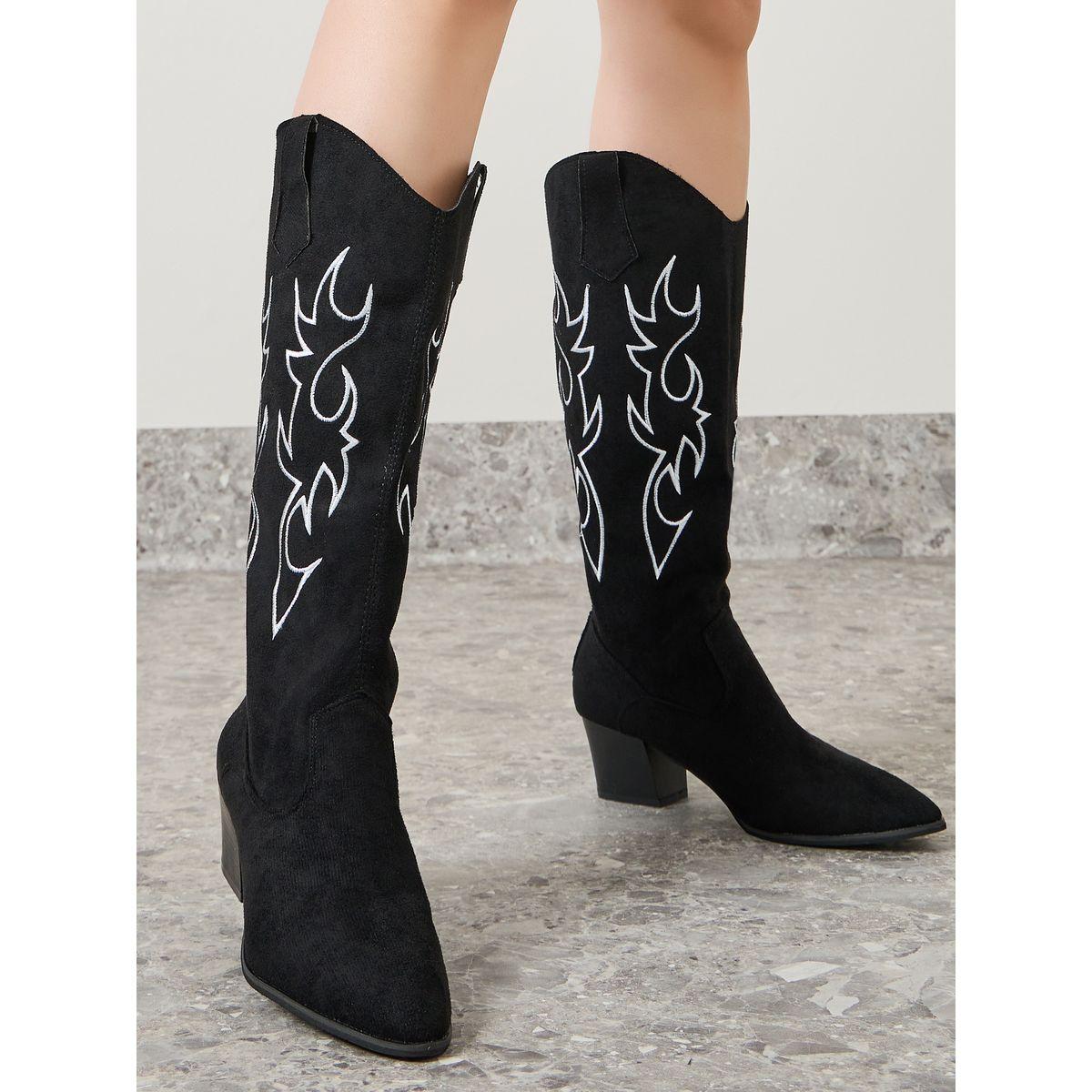 Styli Calf Suede-Look Embroidered Western Boots-women-shoes-boots-image-1