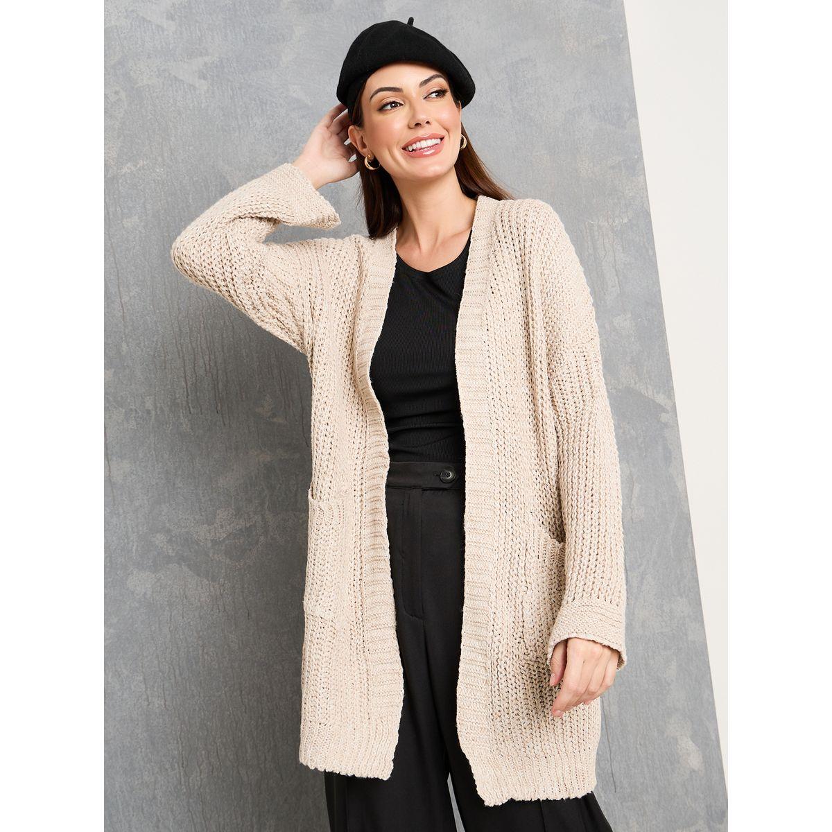 Styli Solid Pocket Detail Mid Length Cardigan-women-winterwear-cardigansandjumpers-cardigans-image-1