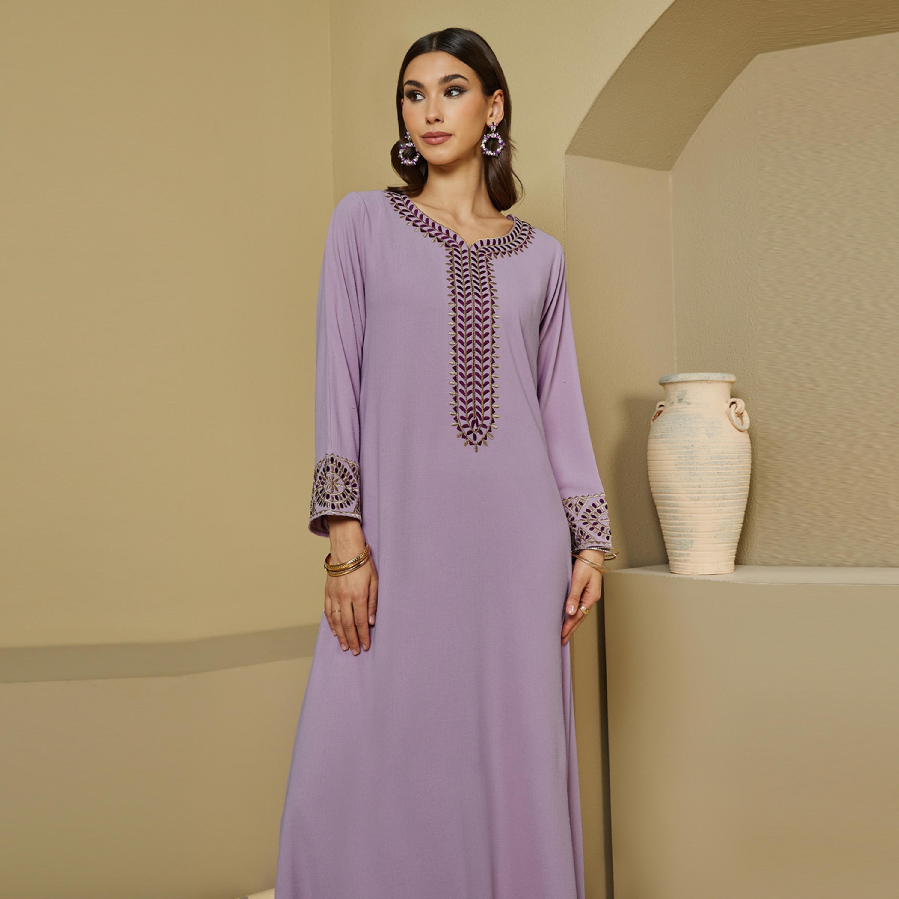 Amirah Embroidered Trim Textured Jalabiya-women-arabicclothing-jalabiyas-image-2
