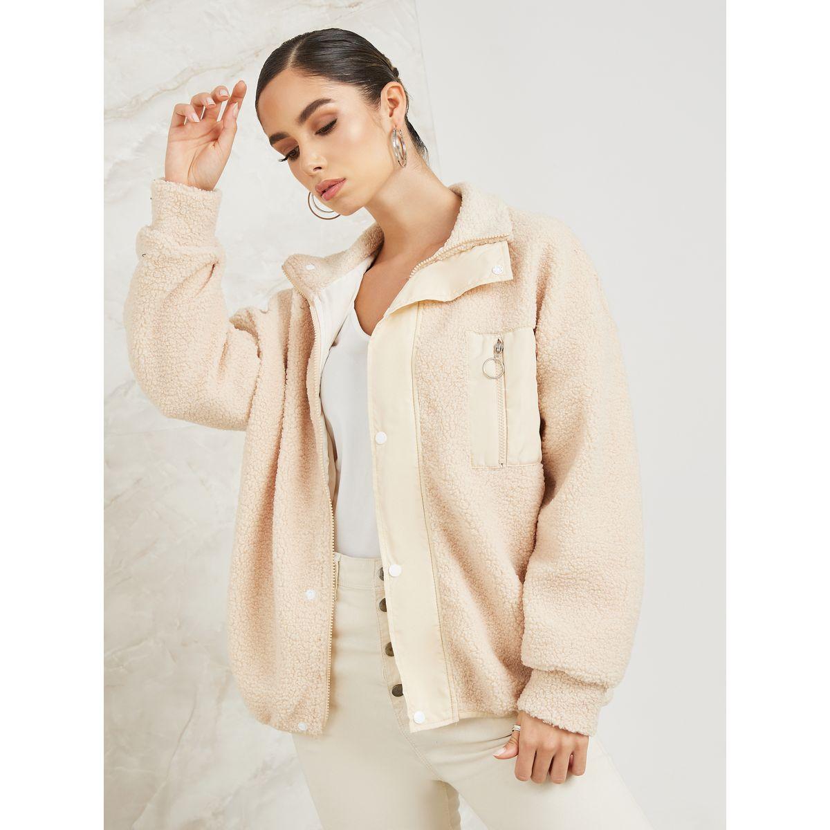 Styli Elevate Regular Fit Fleece Jacket With Zip Pocket-women-winterwear-coatsandjackets-jackets-image-2