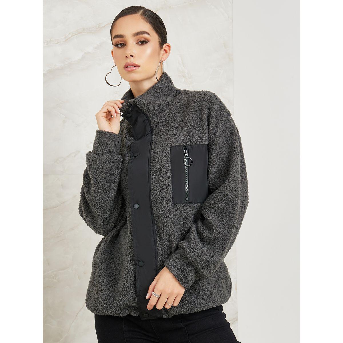 Styli Elevate Regular Fit Fleece Jacket With Zip Pocket-women-winterwear-coatsandjackets-jackets-image-1