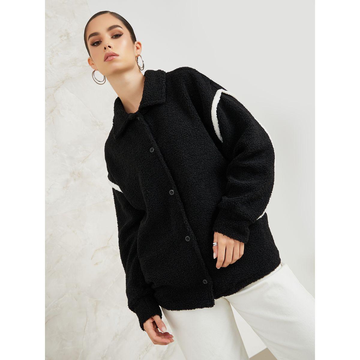 Styli Elevate Oversized Teddy Jacket with Contrast Panel-women-winterwear-coatsandjackets-jackets-image-1