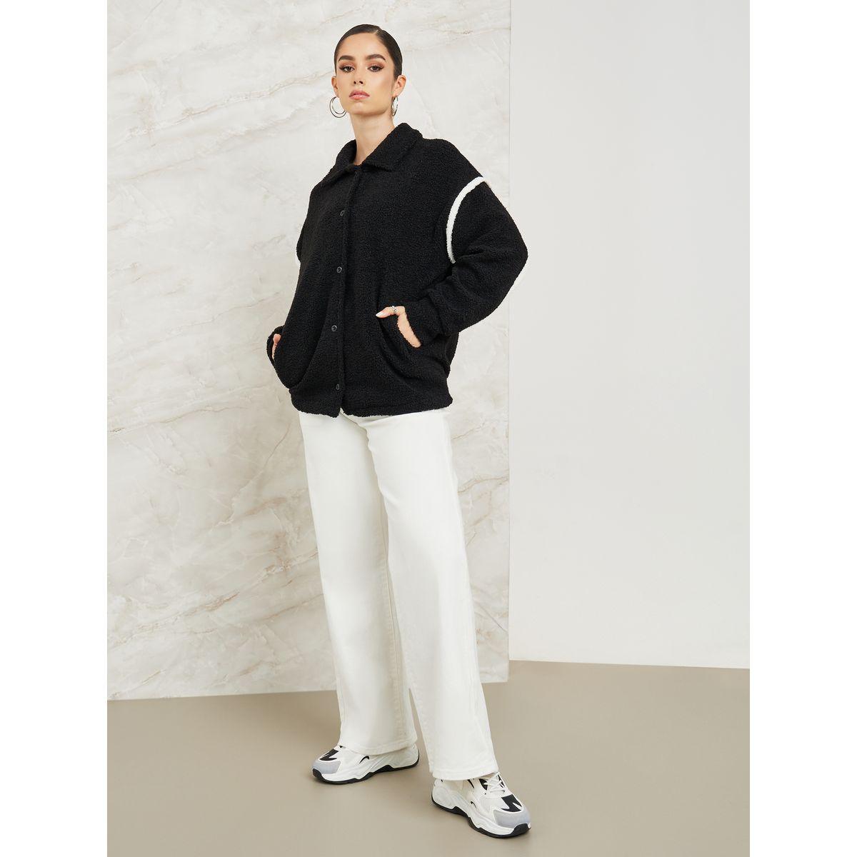 Styli Elevate Oversized Teddy Jacket with Contrast Panel-women-winterwear-coatsandjackets-jackets-image-2