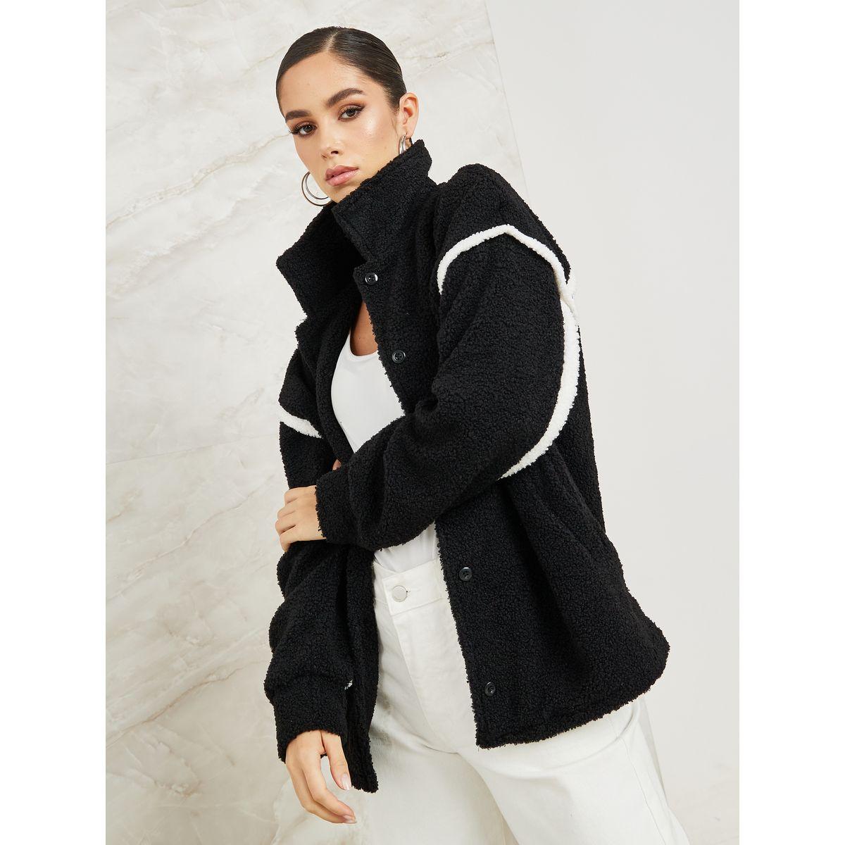 Styli Elevate Oversized Teddy Jacket with Contrast Panel-women-winterwear-coatsandjackets-jackets-image-3