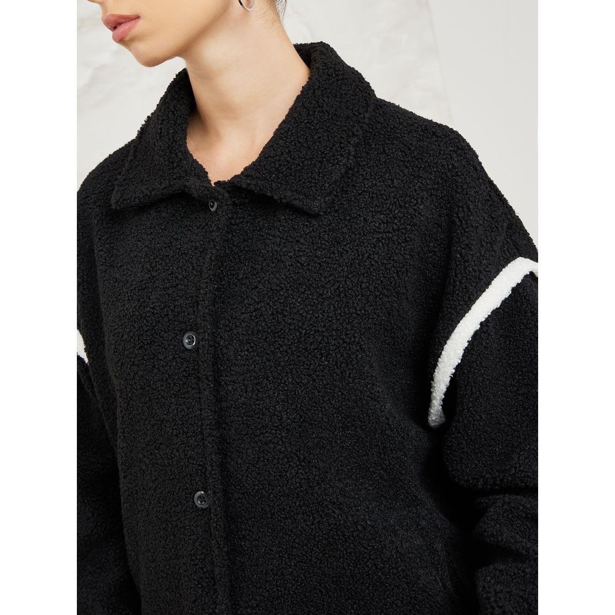 Styli Elevate Oversized Teddy Jacket with Contrast Panel-women-winterwear-coatsandjackets-jackets-image-4
