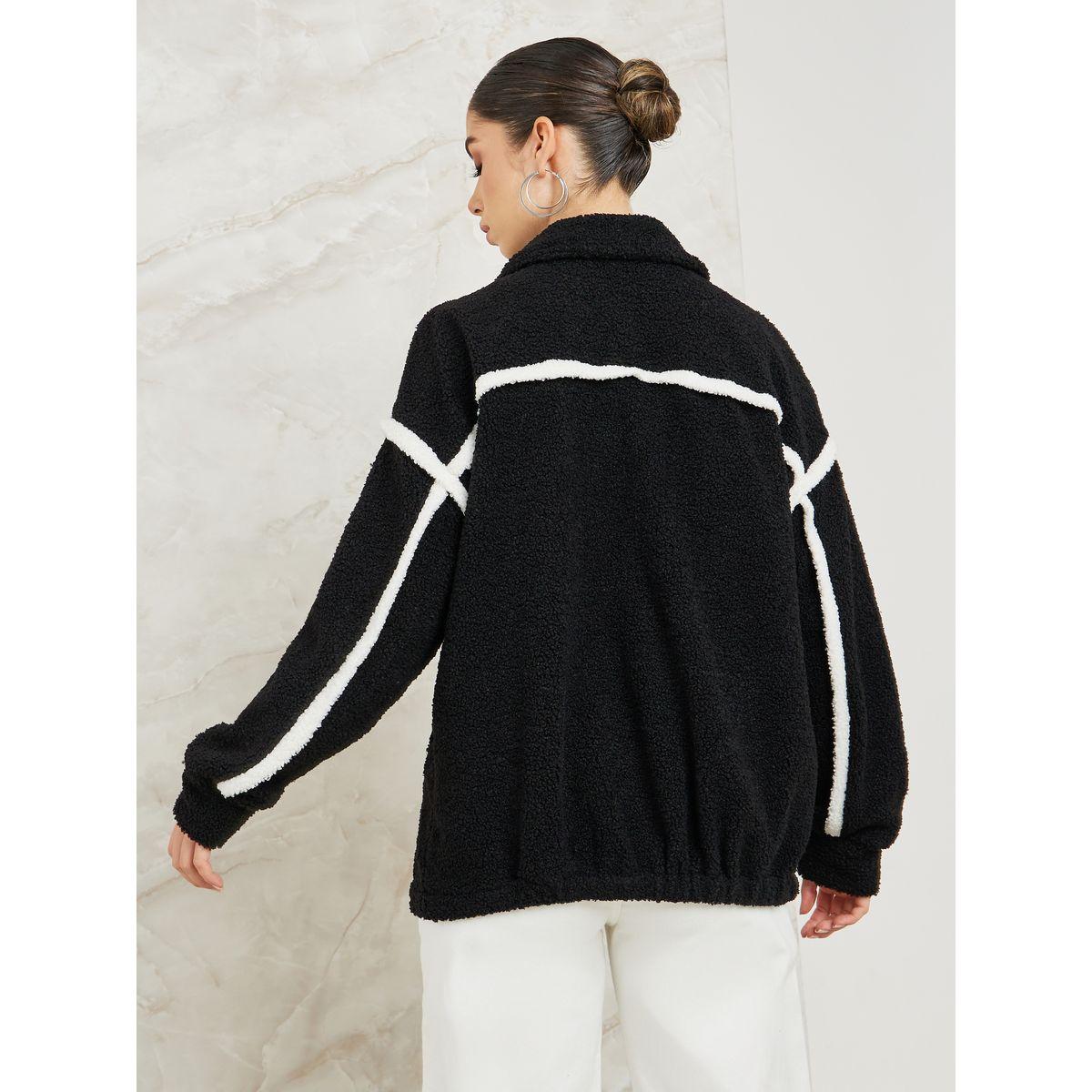Styli Elevate Oversized Teddy Jacket with Contrast Panel-women-winterwear-coatsandjackets-jackets-image-5