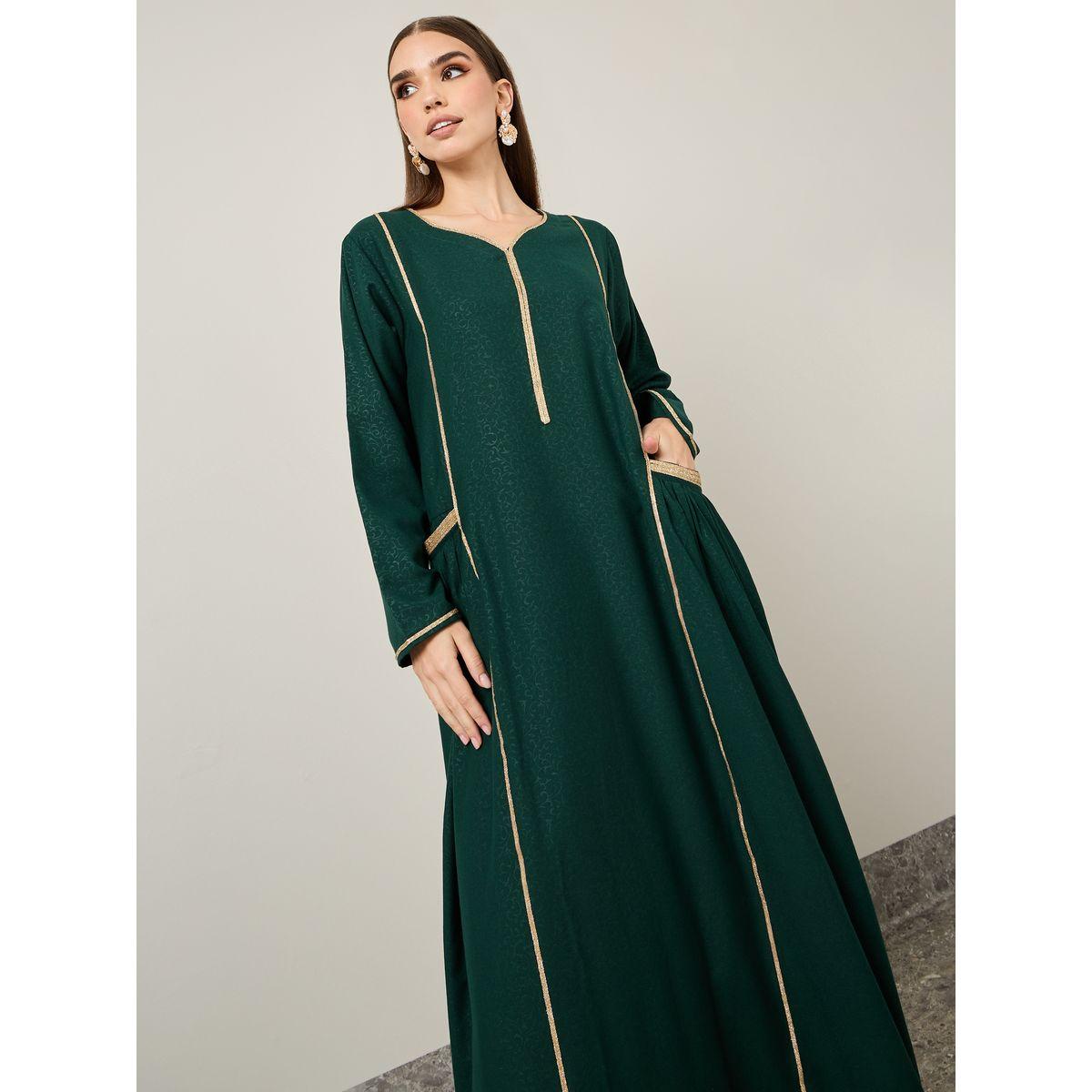 Maxim Creation X Styli Jacquard Jalabiya with Gold Trim Detail-women-arabicclothing-jalabiyas-image-2