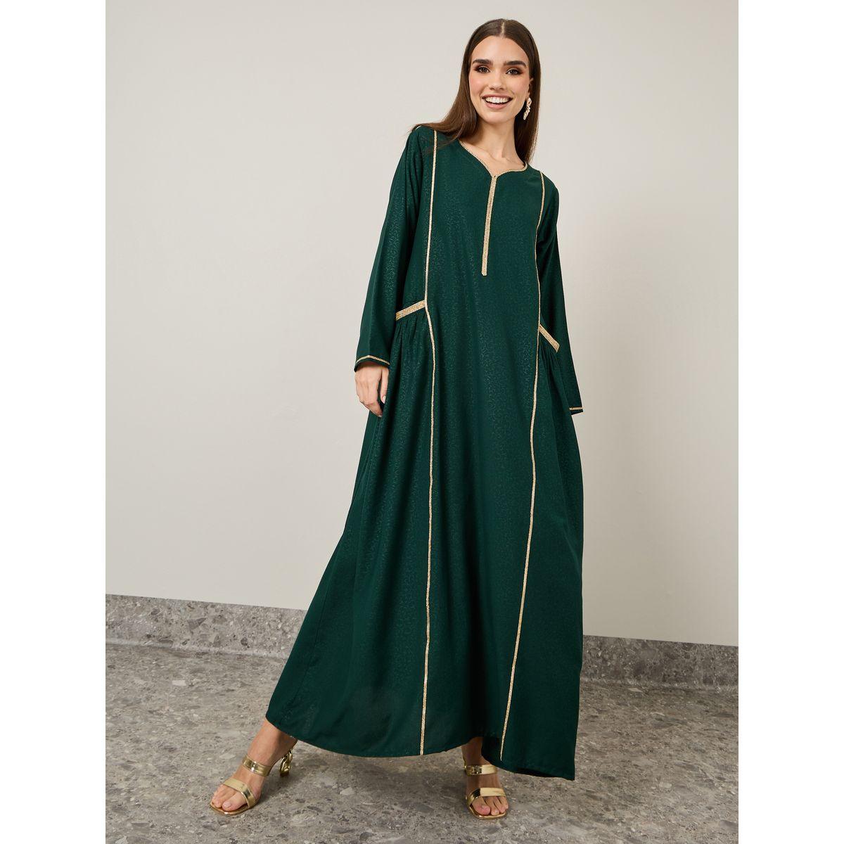 Maxim Creation X Styli Jacquard Jalabiya with Gold Trim Detail-women-arabicclothing-jalabiyas-image-6