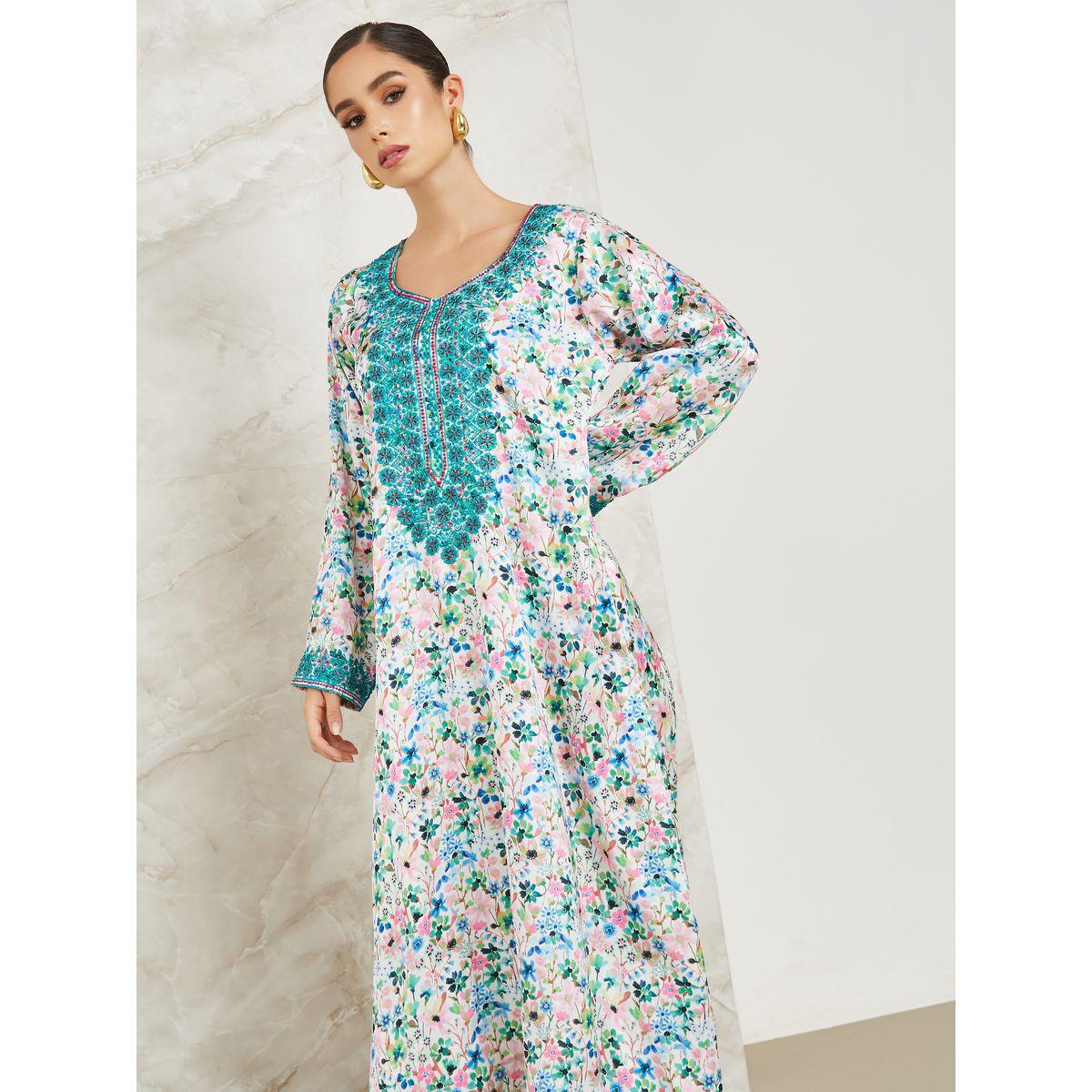 Maxim Creation X Styli Floral Print Embroidered Panel Jalabiya-women-arabicclothing-jalabiyas-image-2