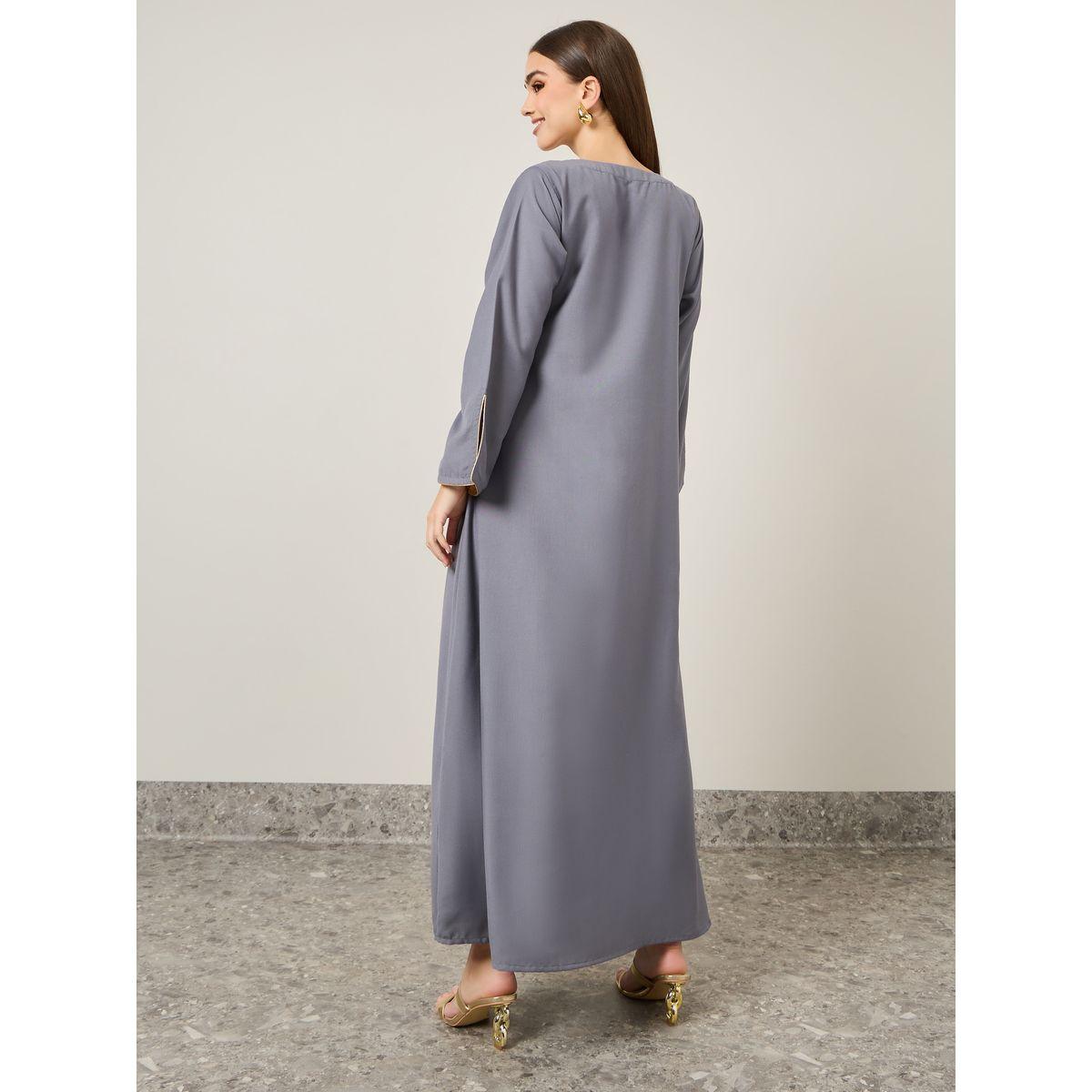 Contrast Piping Detail V Neck Jalabiya-women-arabicclothing-jalabiyas-image-5
