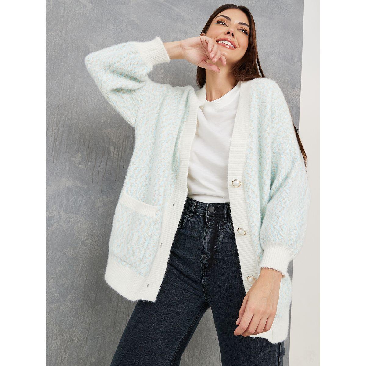 Buy Women s Styli Fluffy Soft Button Up Patterned Cardigan Online