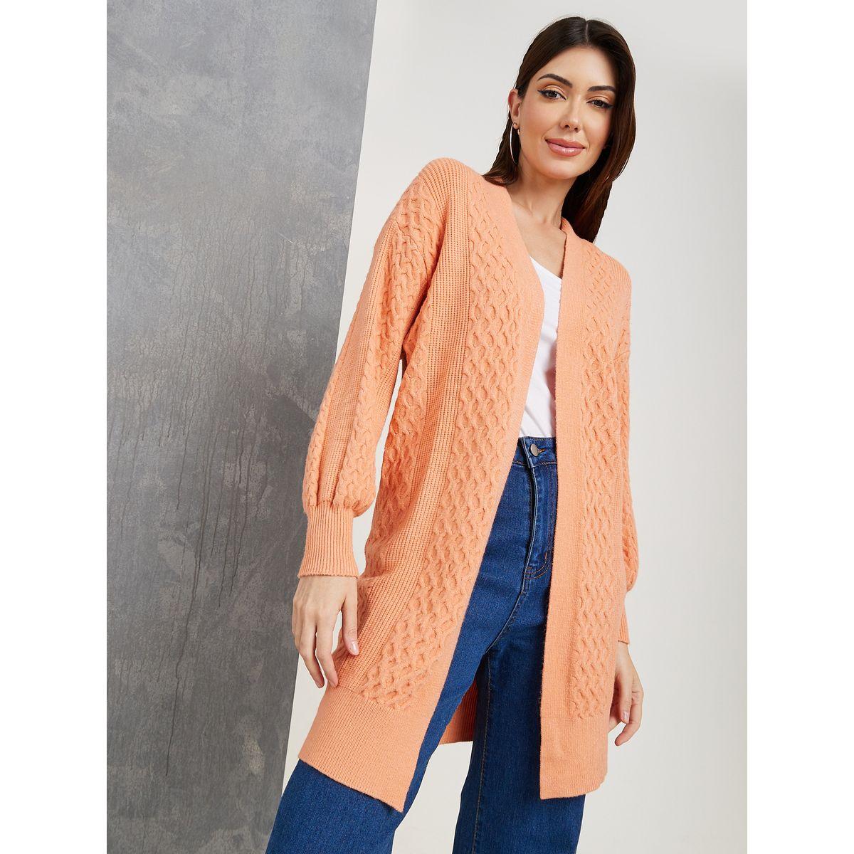 Styli Cable Knit Open Front Longline Cardigan-women-winterwear-cardigansandjumpers-cardigans-image-1