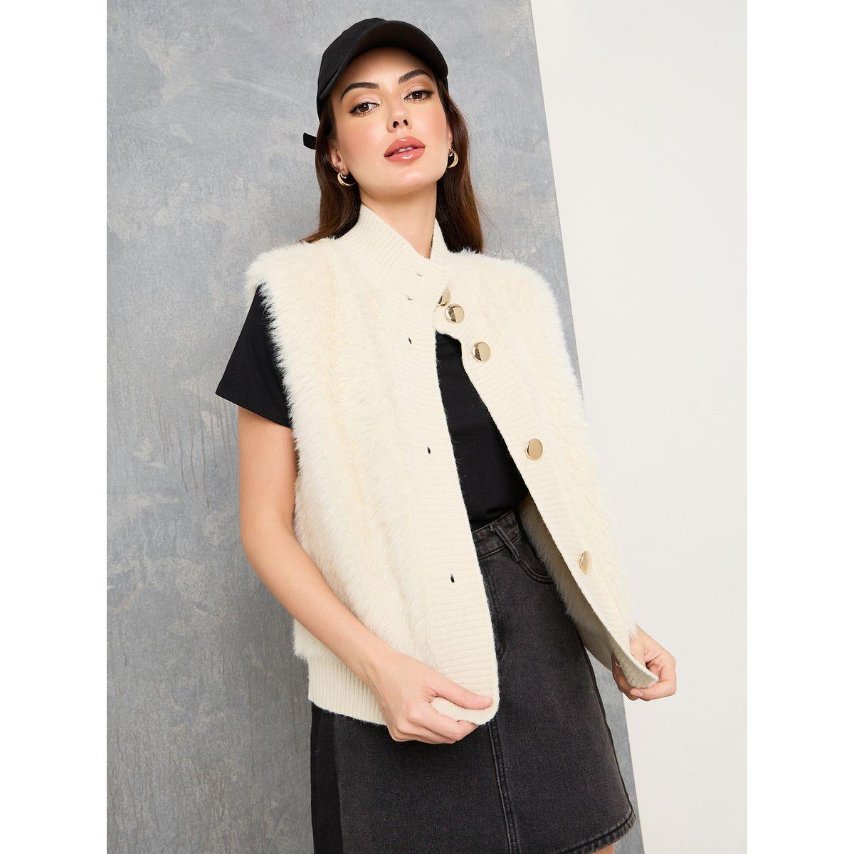 Styli Fluffy Faux Fur High Neck Vest Coat-women-winterwear-coatsandjackets-coats-image-1