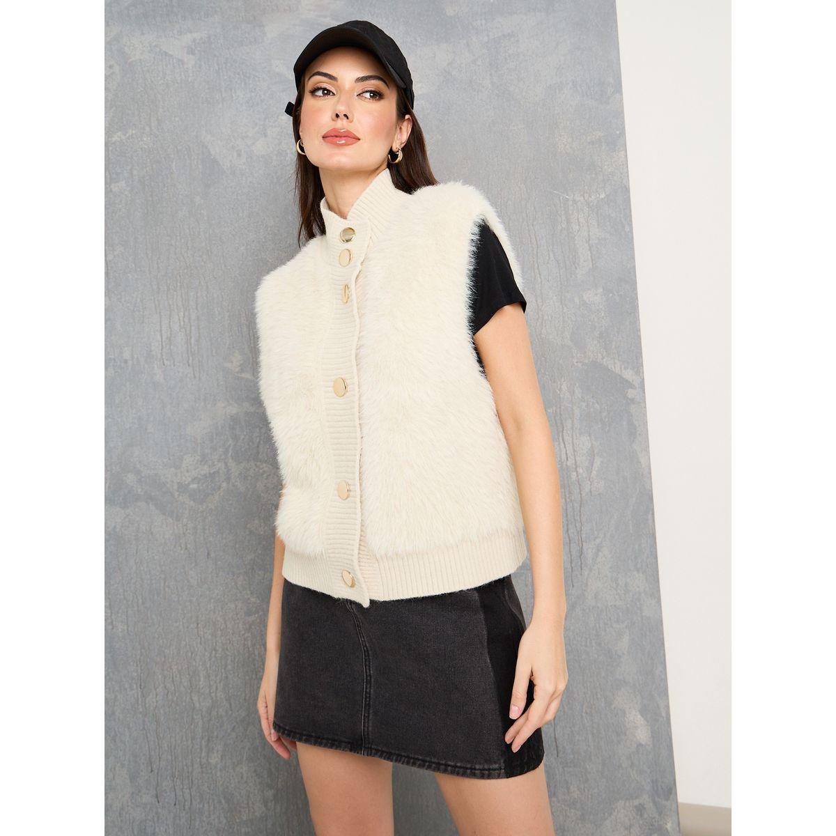 Styli Fluffy Faux Fur High Neck Vest Coat-women-winterwear-coatsandjackets-coats-image-3