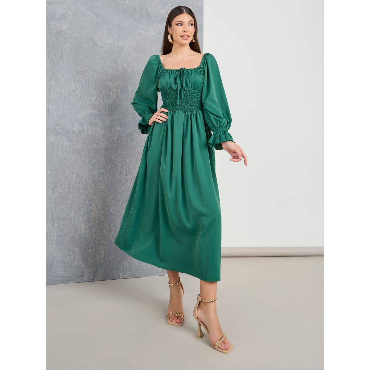 Styli Square Neck Shirred A-Line Midi Dress-women-clothing-dresses-image-1