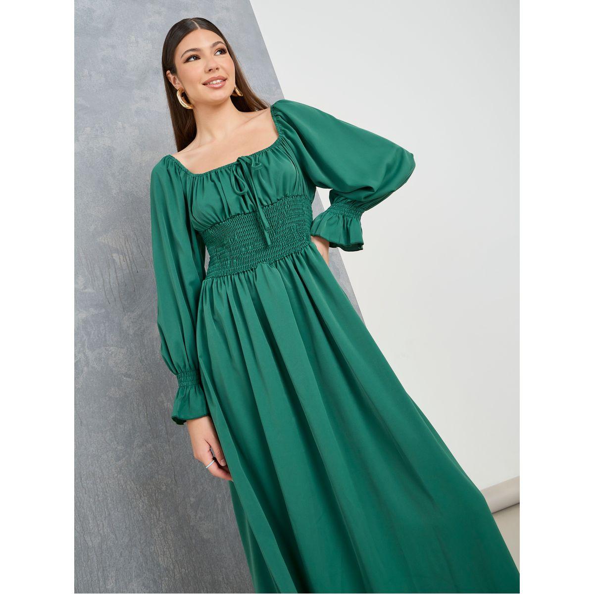 Styli Square Neck Shirred A-Line Midi Dress-women-clothing-dresses-image-2