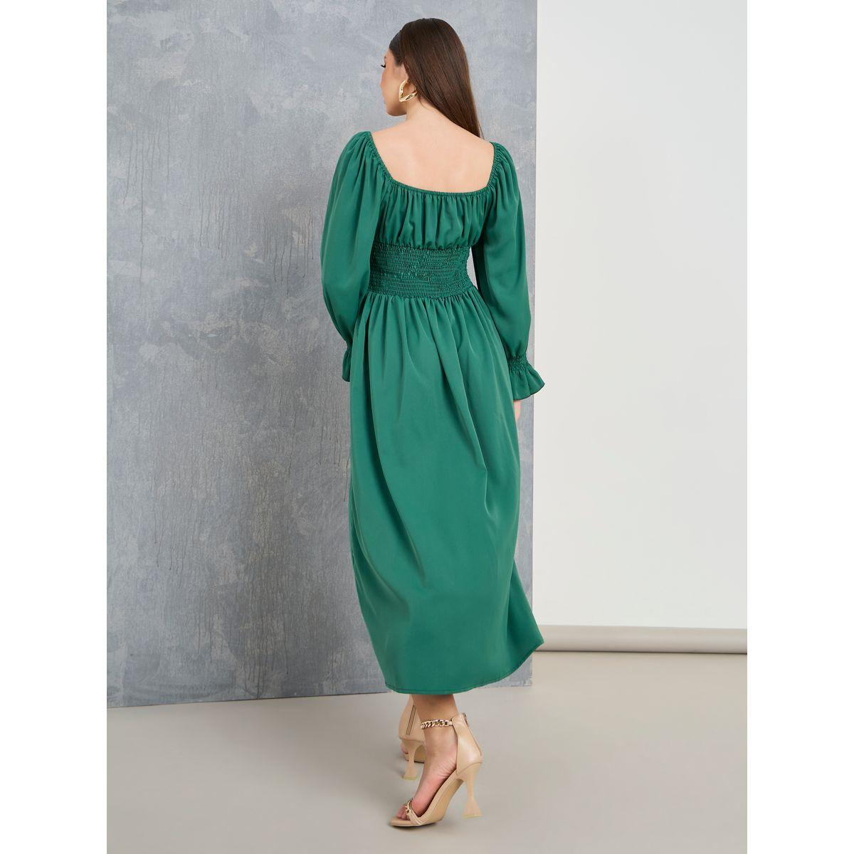 Styli Square Neck Shirred A-Line Midi Dress-women-clothing-dresses-image-4