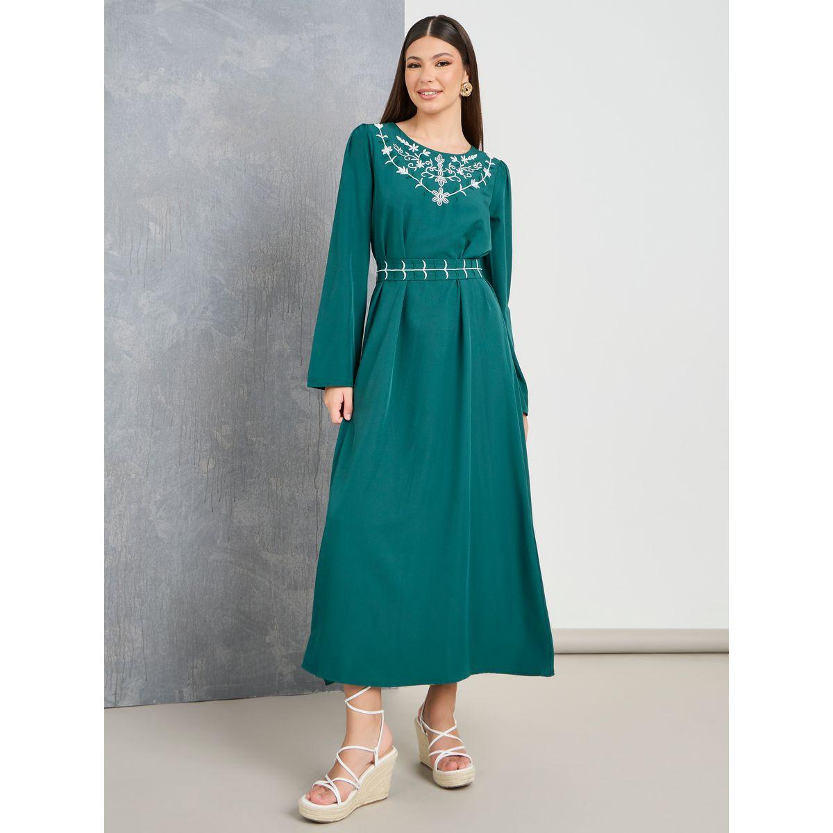 Styli Embroidery Detail A-Line Maxi Dress with Tie Belt-women-clothing-dresses-image-1