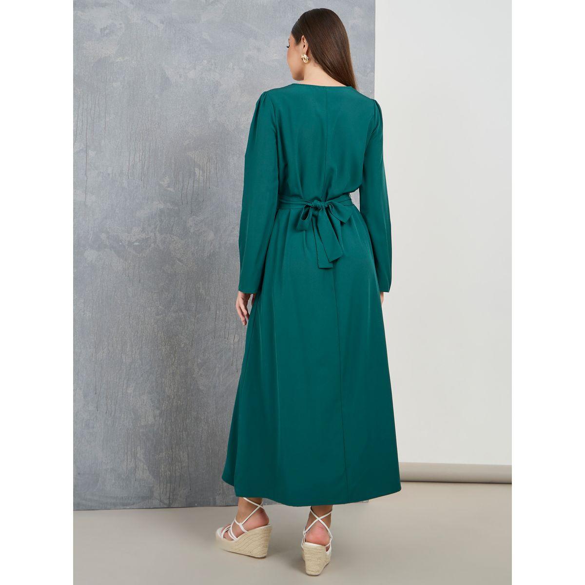 Styli Embroidery Detail A-Line Maxi Dress with Tie Belt-women-clothing-dresses-image-4