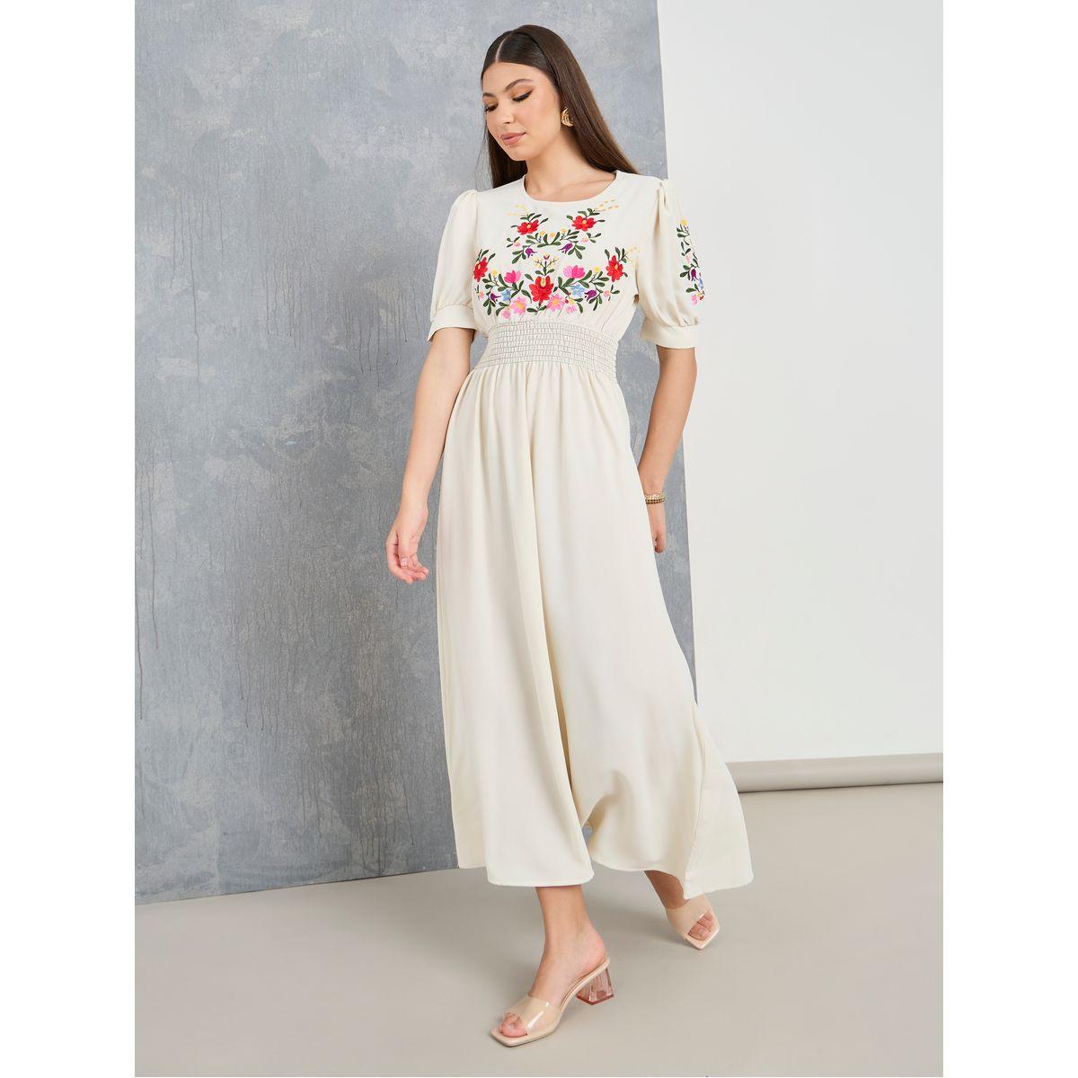 Styli Embroidered Panel Gathered Waist Maxi Dress-women-clothing-dresses-image-1