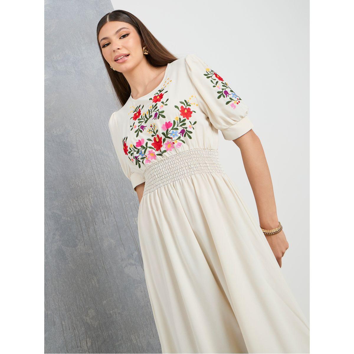Styli Embroidered Panel Gathered Waist Maxi Dress-women-clothing-dresses-image-2