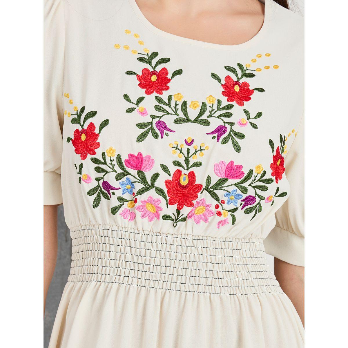Styli Embroidered Panel Gathered Waist Maxi Dress-women-clothing-dresses-image-3