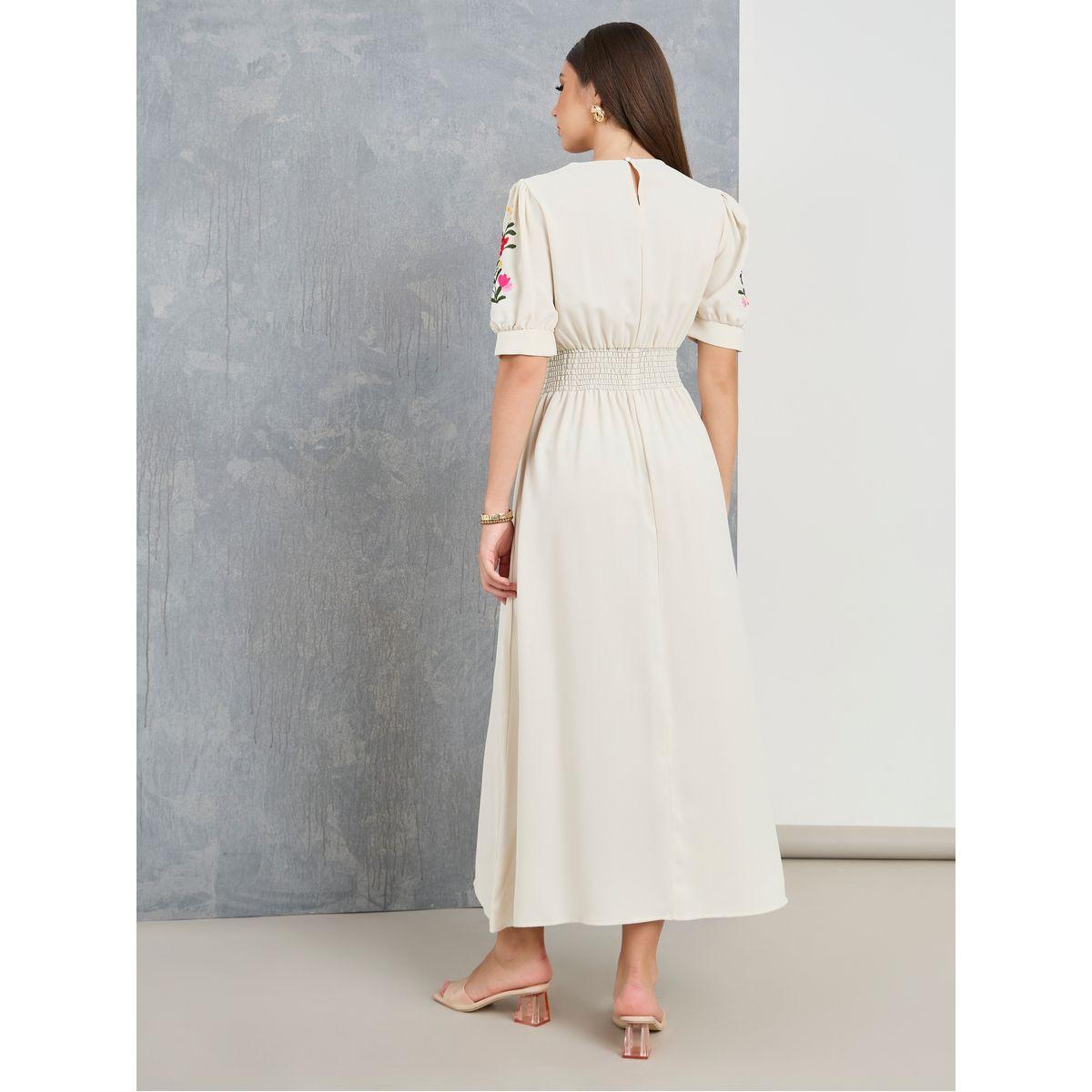 Styli Embroidered Panel Gathered Waist Maxi Dress-women-clothing-dresses-image-4