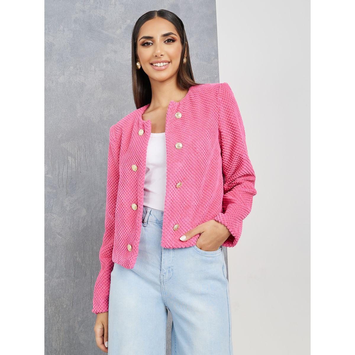 Styli Solid Textured Corduroy Button Up Jacket-women-winterwear-coatsandjackets-jackets-image-2
