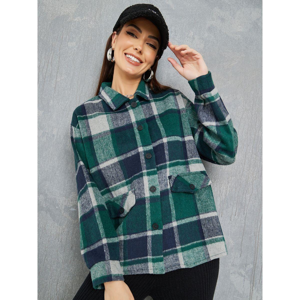 Styli Oversized Checked Pattern Fleece Shirt-women-clothing-shirtsandblouses-shirts-image-3