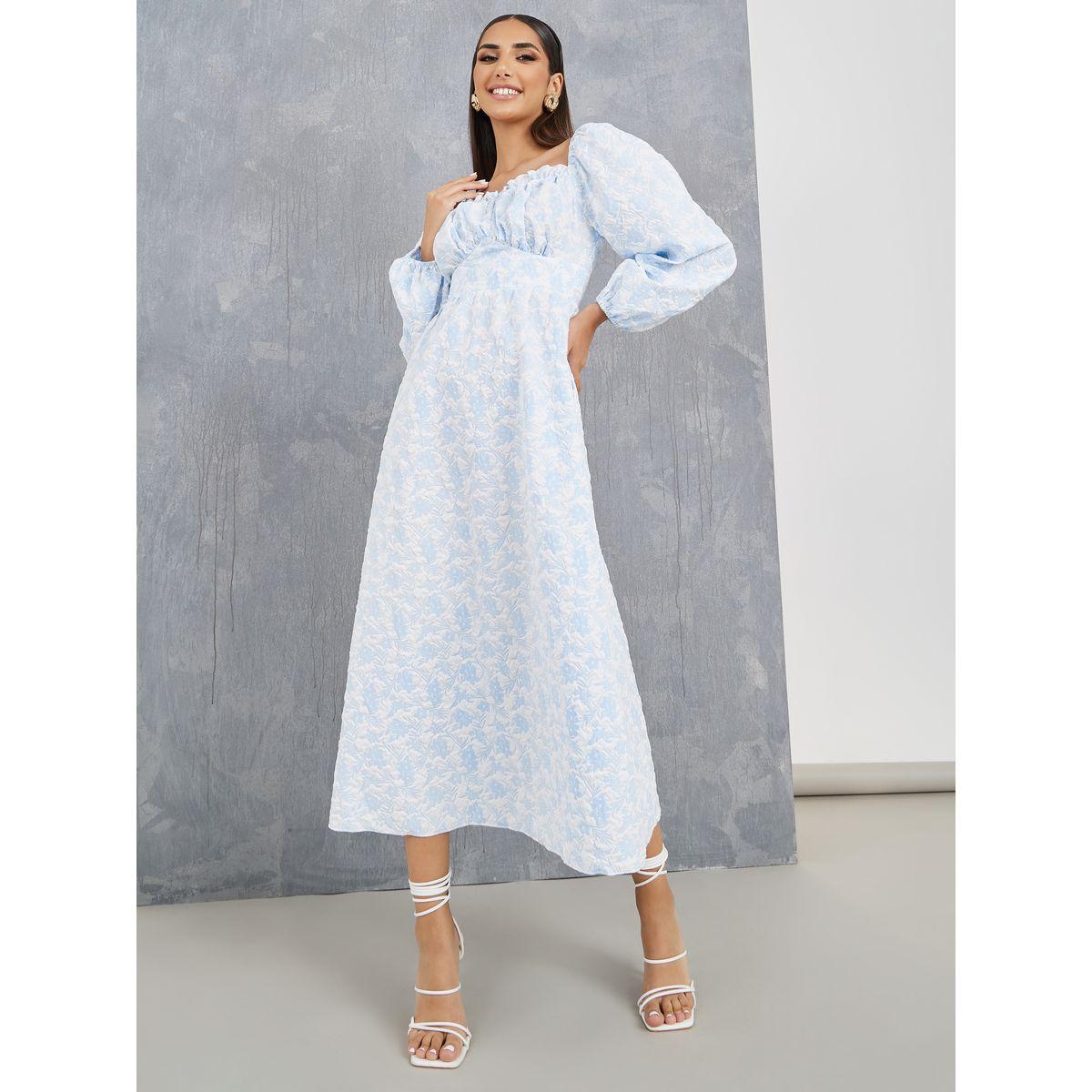 Styli Jacquard Square Neck Puff Sleeve Midi Dress-women-clothing-dresses-image-1