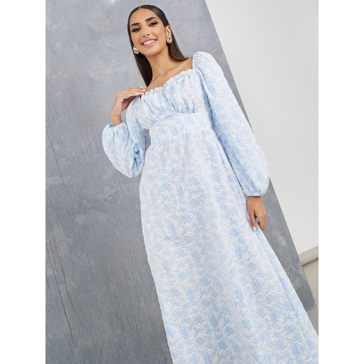 Styli Jacquard Square Neck Puff Sleeve Midi Dress-women-clothing-dresses-image-2
