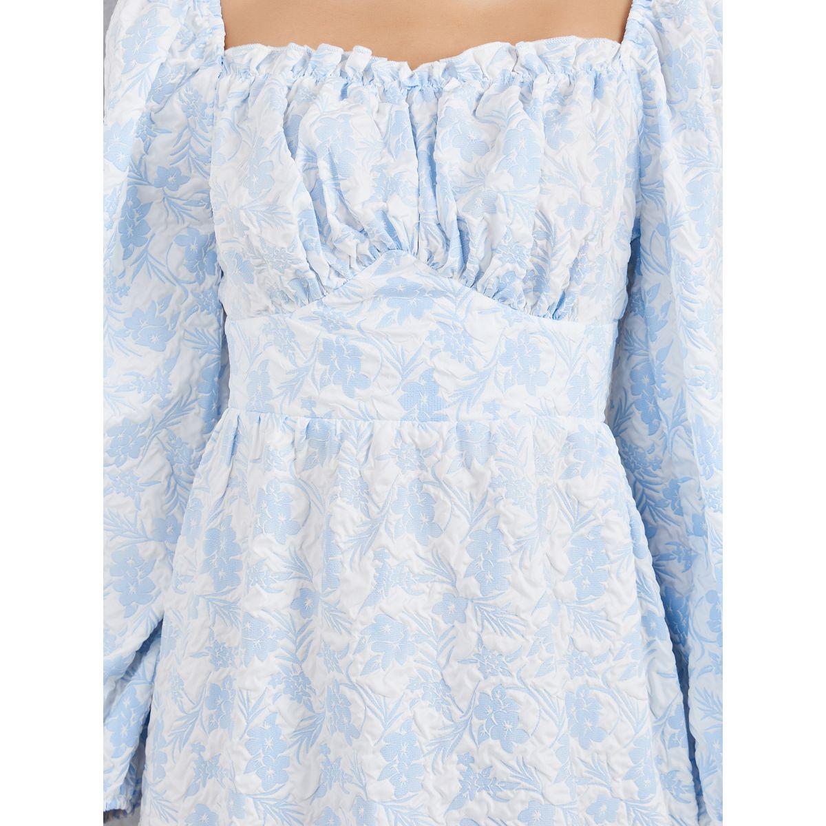 Styli Jacquard Square Neck Puff Sleeve Midi Dress-women-clothing-dresses-image-3