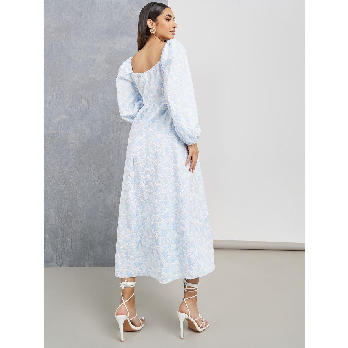 Styli Jacquard Square Neck Puff Sleeve Midi Dress-women-clothing-dresses-image-4