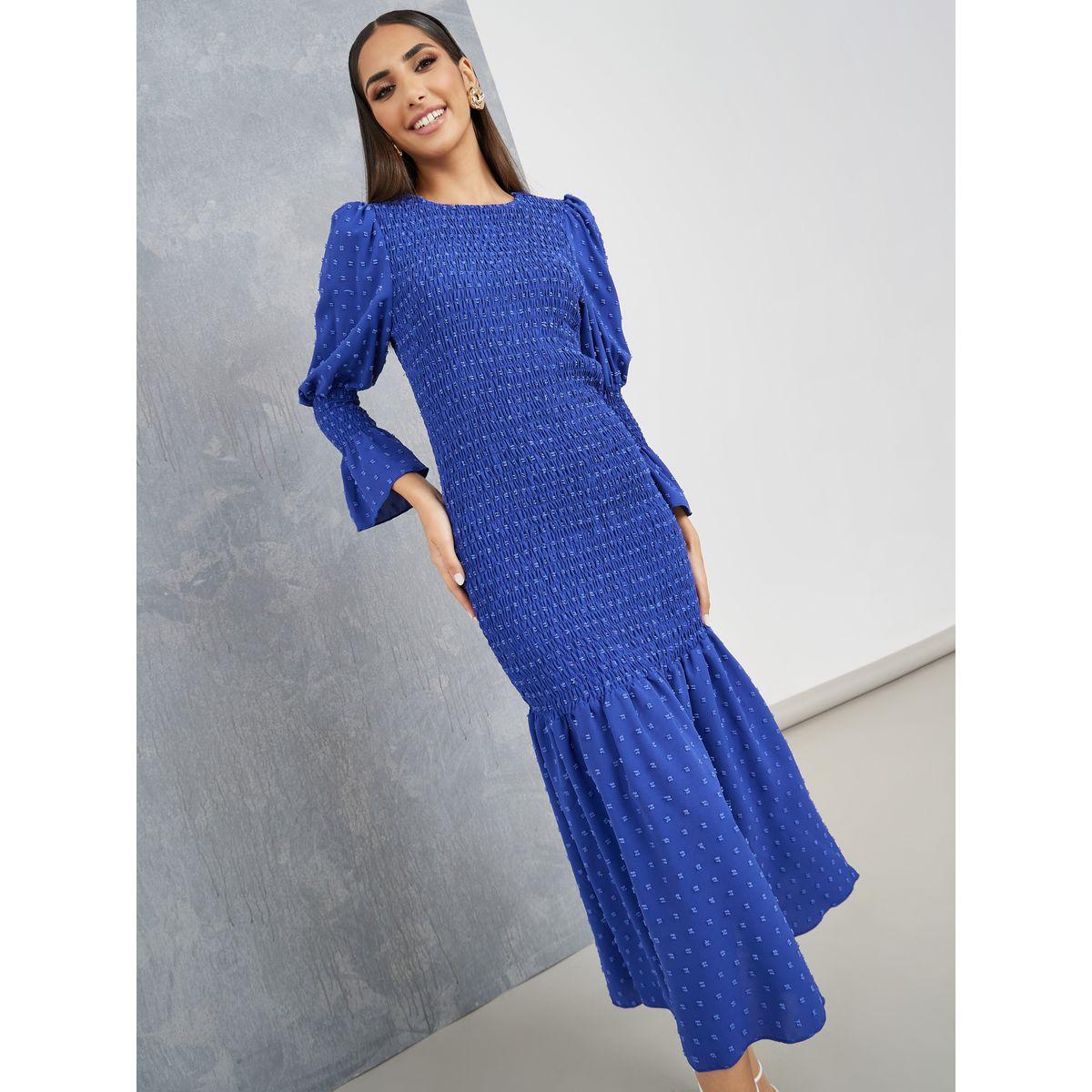 Styli Dobby Smocking Detail Mermaid Midi Dress-women-clothing-dresses-image-2