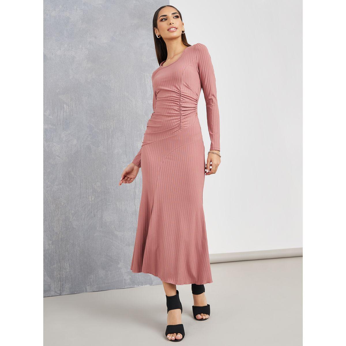 فستان ميدي سادة بتفاصيل مزمومة-women-clothing-dresses-image-1