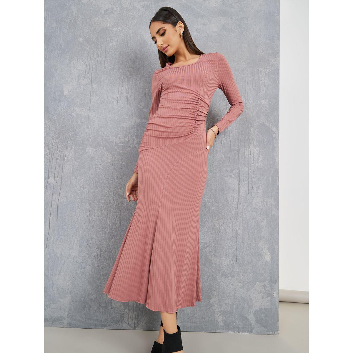 فستان ميدي سادة بتفاصيل مزمومة-women-clothing-dresses-image-2