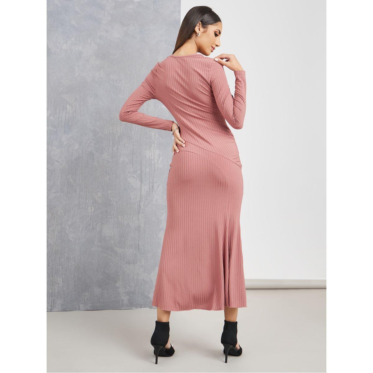 فستان ميدي سادة بتفاصيل مزمومة-women-clothing-dresses-image-4