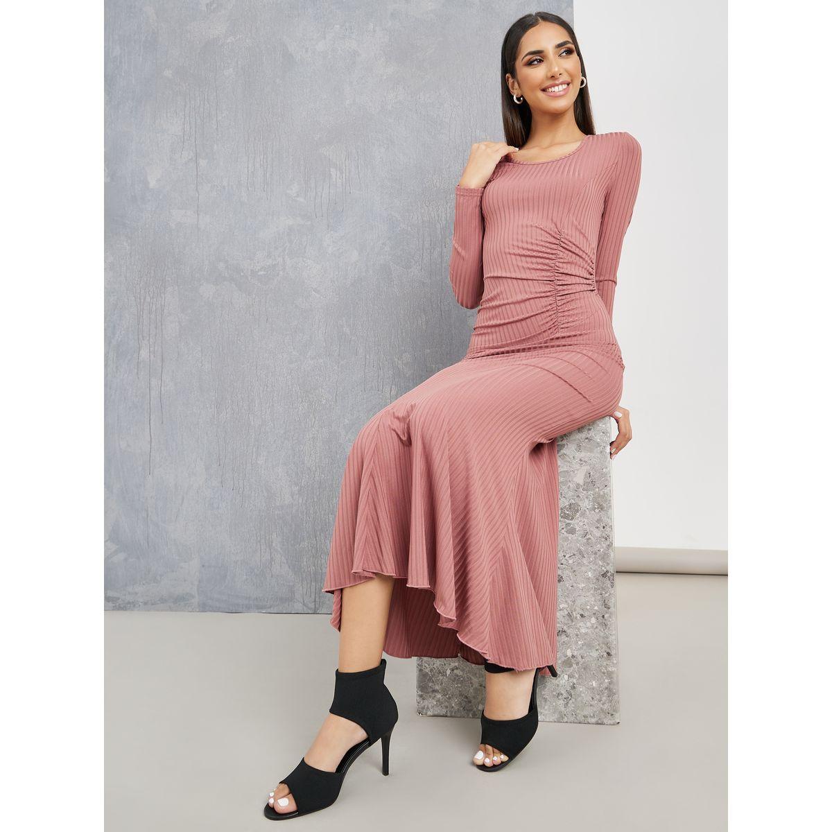 Styli Solid Gathered Detail Mermaid Hem Midi Dress-women-clothing-dresses-image-5