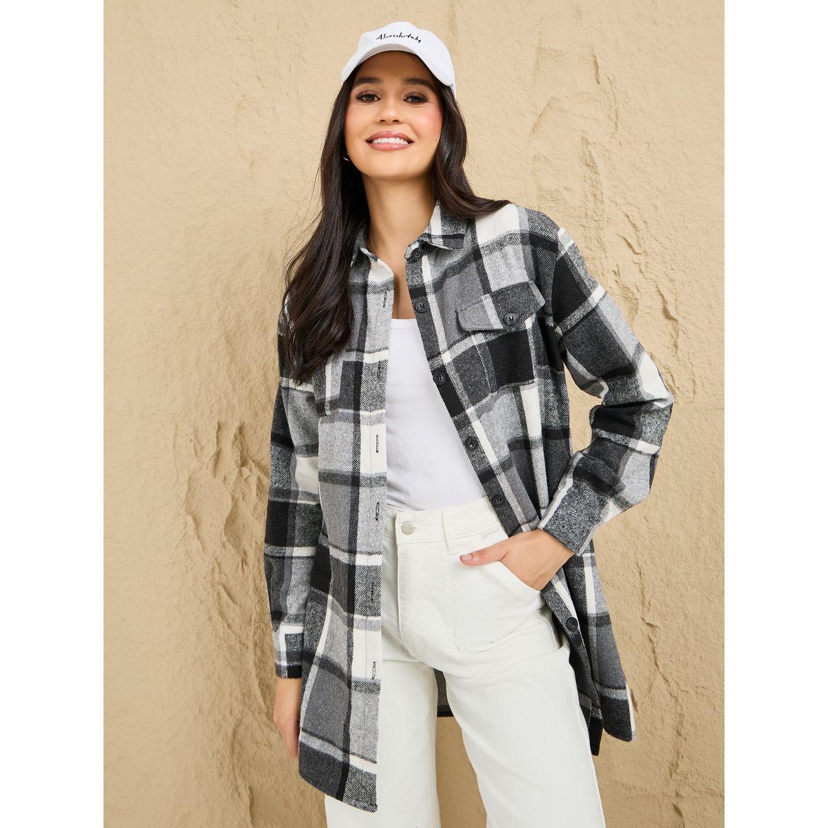 Styli Longline Checked Shacket with Flap Pocket-women-clothing-shirtsandblouses-shirts-image-1