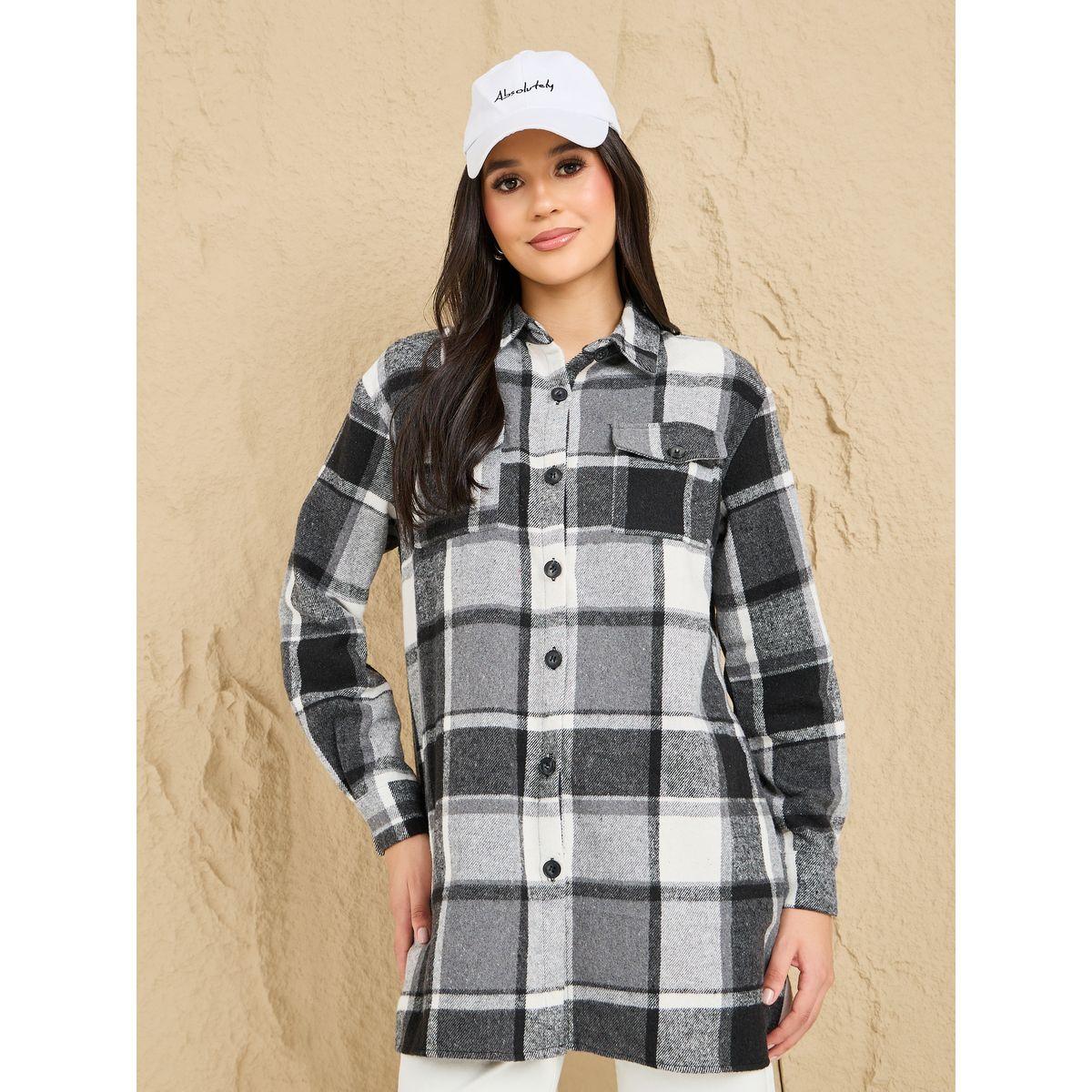 Styli Longline Checked Shacket with Flap Pocket-women-clothing-shirtsandblouses-shirts-image-3