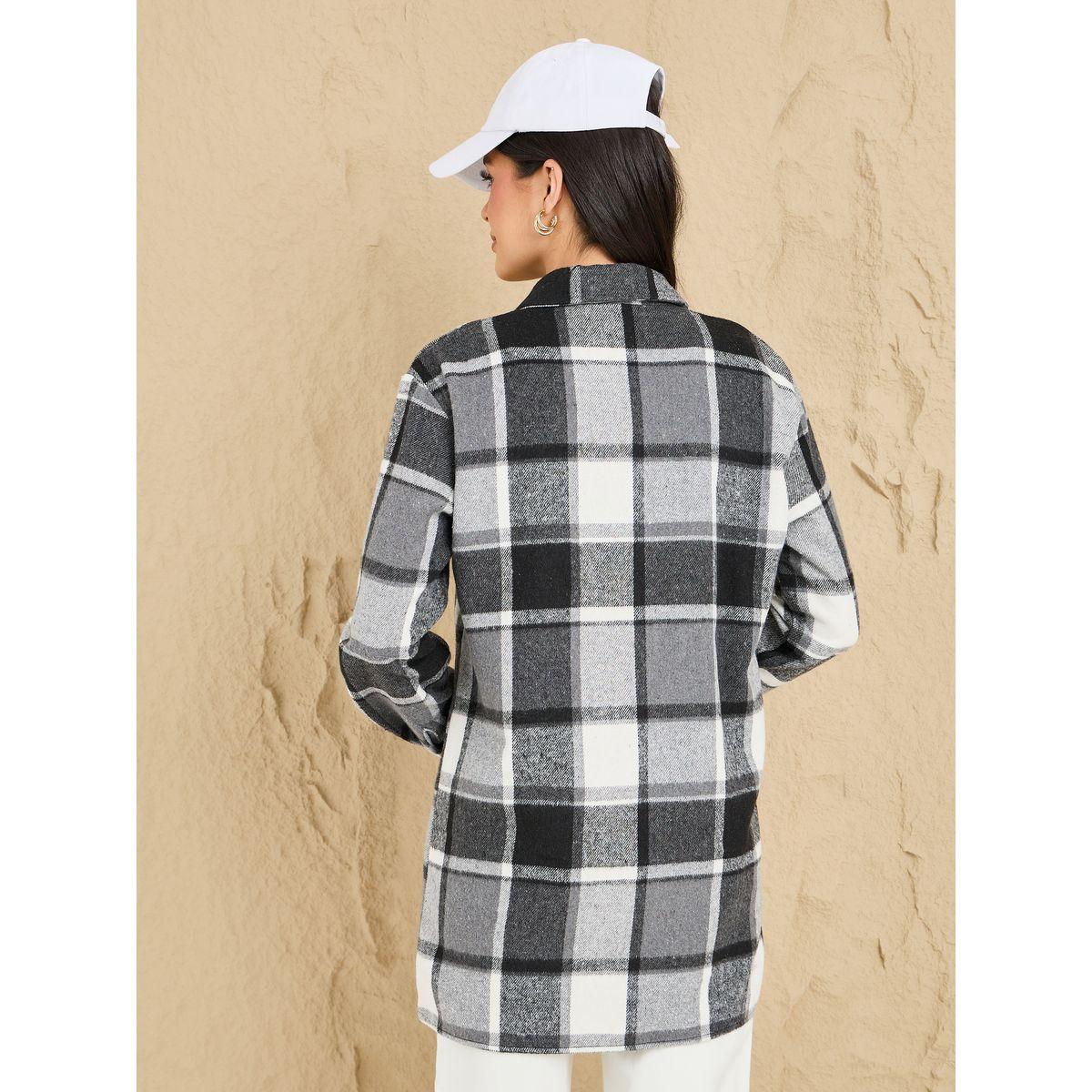 Styli Longline Checked Shacket with Flap Pocket-women-clothing-shirtsandblouses-shirts-image-5