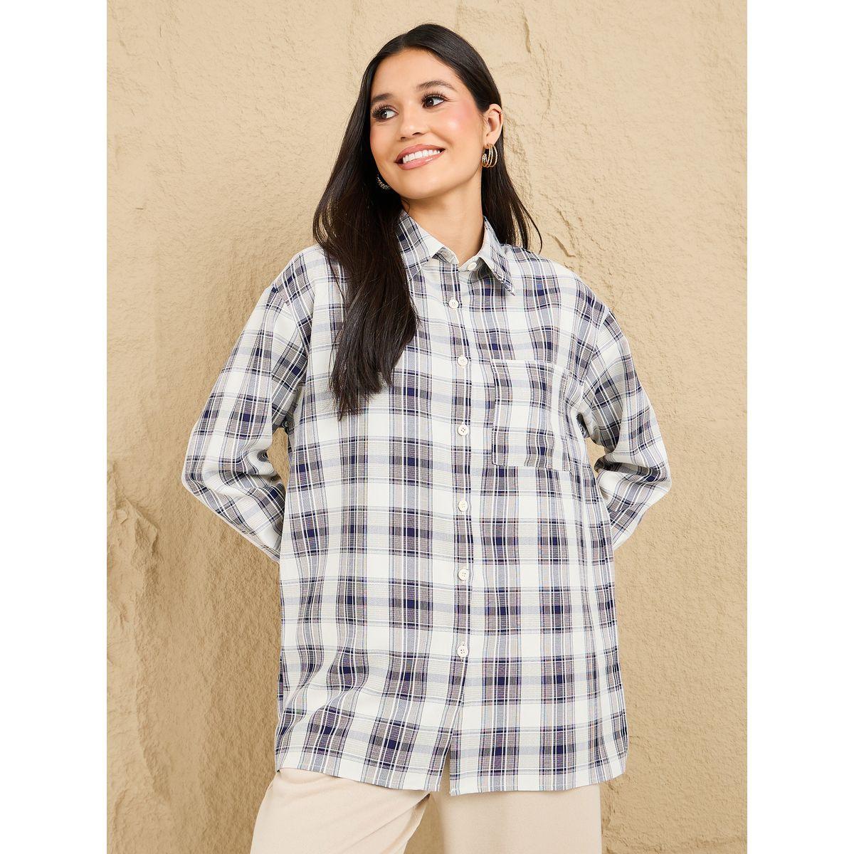 Styli Checked Oversized Shirt with Patch Pocket-women-clothing-shirtsandblouses-shirts-image-3
